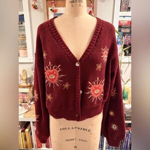 Embroidered Burgundy Cardigan Sweater
